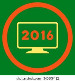 2016 Display vector icon. Style is bicolor flat circled symbol, orange and yellow colors, rounded angles, green background.