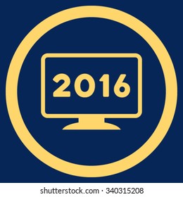 2016 Display vector icon. Style is flat circled symbol, yellow color, rounded angles, blue background.