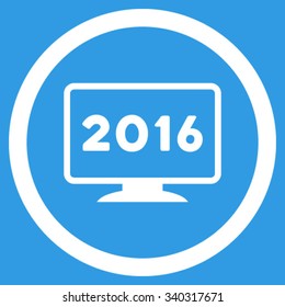 2016 Display vector icon. Style is flat circled symbol, white color, rounded angles, blue background.