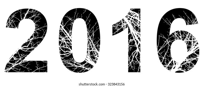 2016 double exposure with white tree isolated on black background.Vector illustration.Black and white double exposure silhouette lettering combined with photograph of nature. Letters  alphabet.