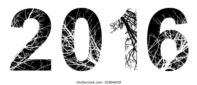 2016 double exposure with white tree isolated on black background.Vector illustration.Black and white double exposure silhouette lettering combined with photograph of nature. Letters  alphabet.