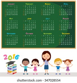2016 Education calendar. Vector illustration of a cheerful teacher with school kids.