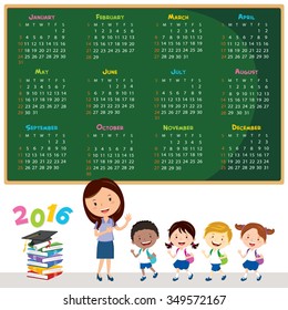 2016 Education calendar. Vector illustration of a cheerful teacher with school kids.