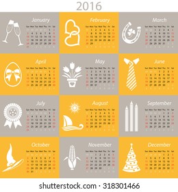 2016 english calendar with months and  holiday icons