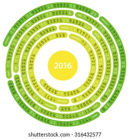 2016 english calendar  in the shape of spiral maze on white background