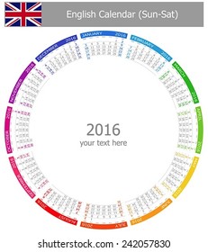 2016 English Circle Calendar Sun-Sat on white background 