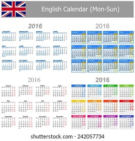 2016 English Mix Calendar Mon-Sun on white background 