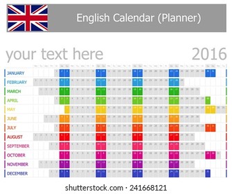 2016 English Planner Calendar with Horizontal Months on white background 