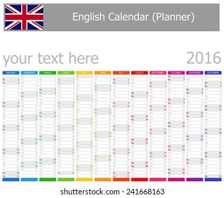 2016 English Planner Calendar with Vertical Months on white background 