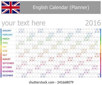 2016 English Planner-2 Calendar with Horizontal Months on white background 