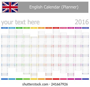 2016 English Planner-2 Calendar with Vertical Months on white background 