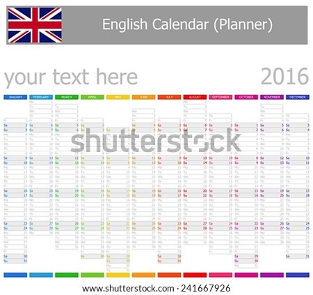 2016 English Planner-2 Calendar with Vertical Months on white background 