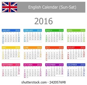 2016 English Type-1 Calendar Sun-Sat on white background 