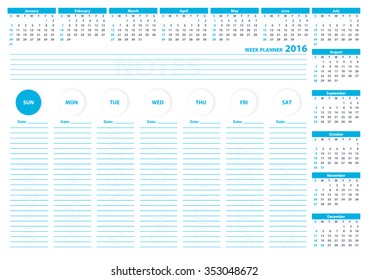 2016 English Week Planner Vector Template Blue Color. Week Starts Sunday.For office or private use.