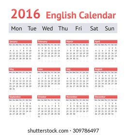 2016 European English Calendar. Week starts on Monday