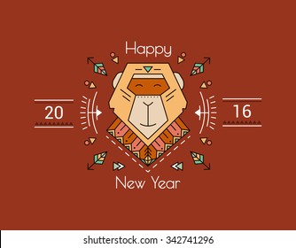 2016 fire monkey. Postcard on a red background with a monkey in a thin line. Modern print poster