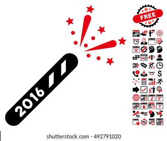 2016 Firecracker icon with bonus calendar and time management design elements. Vector illustration style is flat iconic bicolor symbols, intensive red and black colors, white background.