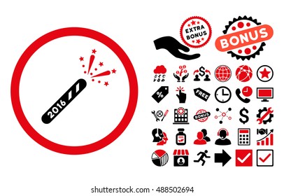 2016 Firecracker icon with bonus pictograph collection. Vector illustration style is flat iconic bicolor symbols, intensive red and black colors, white background.