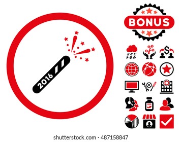 2016 Firecracker icon with bonus symbols. Vector illustration style is flat iconic bicolor symbols, intensive red and black colors, white background.