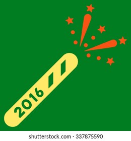 2016 Firecracker vector icon. Style is bicolor flat symbol, orange and yellow colors, rounded angles, green background.