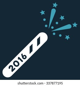 2016 Firecracker vector icon. Style is bicolor flat symbol, blue and white colors, rounded angles, dark blue background.