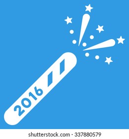 2016 Firecracker vector icon. Style is flat symbol, white color, rounded angles, blue background.