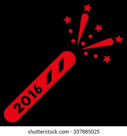 2016 Firecracker vector icon. Style is flat symbol, red color, rounded angles, black background.