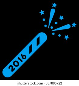 2016 Firecracker vector icon. Style is flat symbol, blue color, rounded angles, black background.