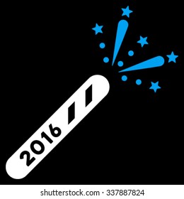 2016 Firecracker vector icon. Style is bicolor flat symbol, blue and white colors, rounded angles, black background.