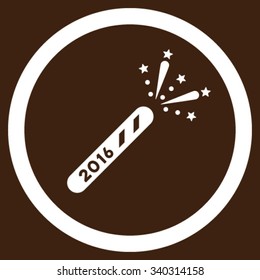 2016 Firecracker vector icon. Style is flat circled symbol, white color, rounded angles, brown background.