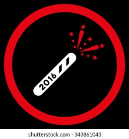2016 Firecracker vector icon. Style is bicolor flat circled symbol, red and white colors, rounded angles, black background.