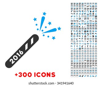 2016 Firecracker vector pictogram with additional 300 date and time management icons. Style is bicolor flat symbols, blue and gray colors, rounded angles, white background.
