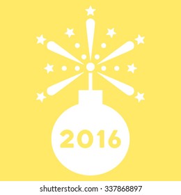 2016 Fireworks Detonator vector icon. Style is flat symbol, white color, rounded angles, yellow background.