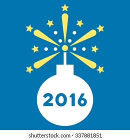 2016 Fireworks Detonator vector icon. Style is bicolor flat symbol, yellow and white colors, rounded angles, blue background.