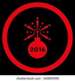 2016 Fireworks Detonator vector icon. Style is flat circled symbol, red color, rounded angles, black background.