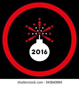 2016 Fireworks Detonator vector icon. Style is bicolor flat circled symbol, red and white colors, rounded angles, black background.