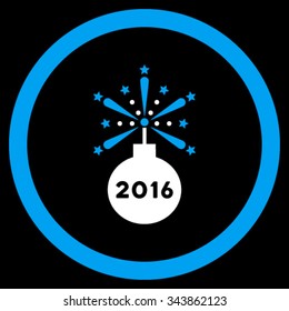 2016 Fireworks Detonator vector icon. Style is bicolor flat circled symbol, blue and white colors, rounded angles, black background.