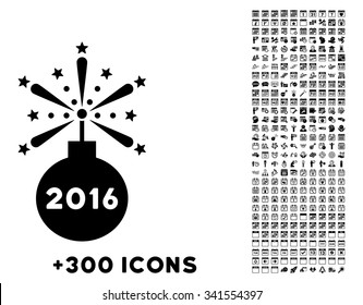 2016 Fireworks Detonator vector pictogram with additional 300 date and time management icons. Style is flat symbols, black color, rounded angles, white background.