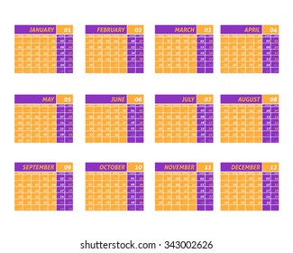 2016 Flat Full Calendar Design - Week Starts Monday