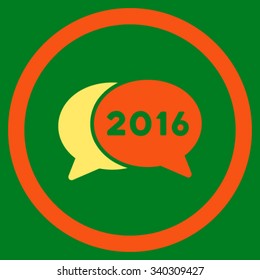 2016 Forum vector icon. Style is bicolor flat circled symbol, orange and yellow colors, rounded angles, green background.