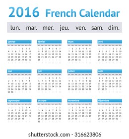 2016 French European Calendar. Week starts on Monday