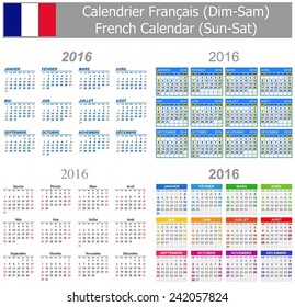 2016 French Mix Calendar Sun-Sat on white background 