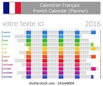 2016 French Planner Calendar with Horizontal Months on white background 