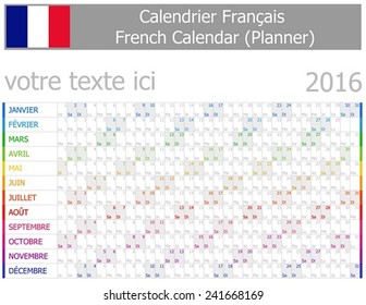 2016 French Planner-2 Calendar with Horizontal Months on white background 