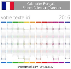 2016 French Planner-2 Calendar with Vertical Months on white background 