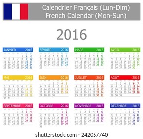 2016 French Type-1 Calendar Mon-Sun on white background 