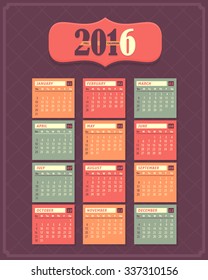 2016 Full Calendar Design. Promotion Poster Vector Template, Week Starts Friday