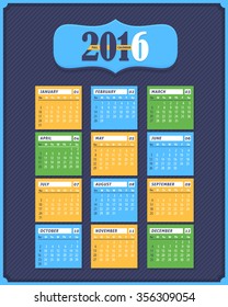 2016 Full Calendar Design. Promotion Poster Vector Template, Week Starts Friday