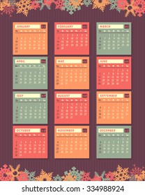 2016 Full Calendar, Snowflakes Background Design. Promotion Poster Vector Template, Week Starts Sunday