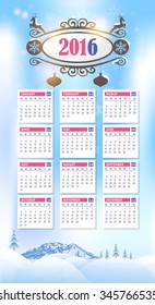 2016 Full Calendar Template and Winter Landscape Background, Promotion Poster Vector Design - Week Starts Sunday